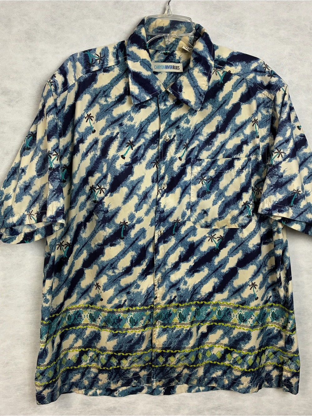 Vtg Canyon River Blues Hawaiian Shirt Men’s XL Blue White Short Sleeve Stained